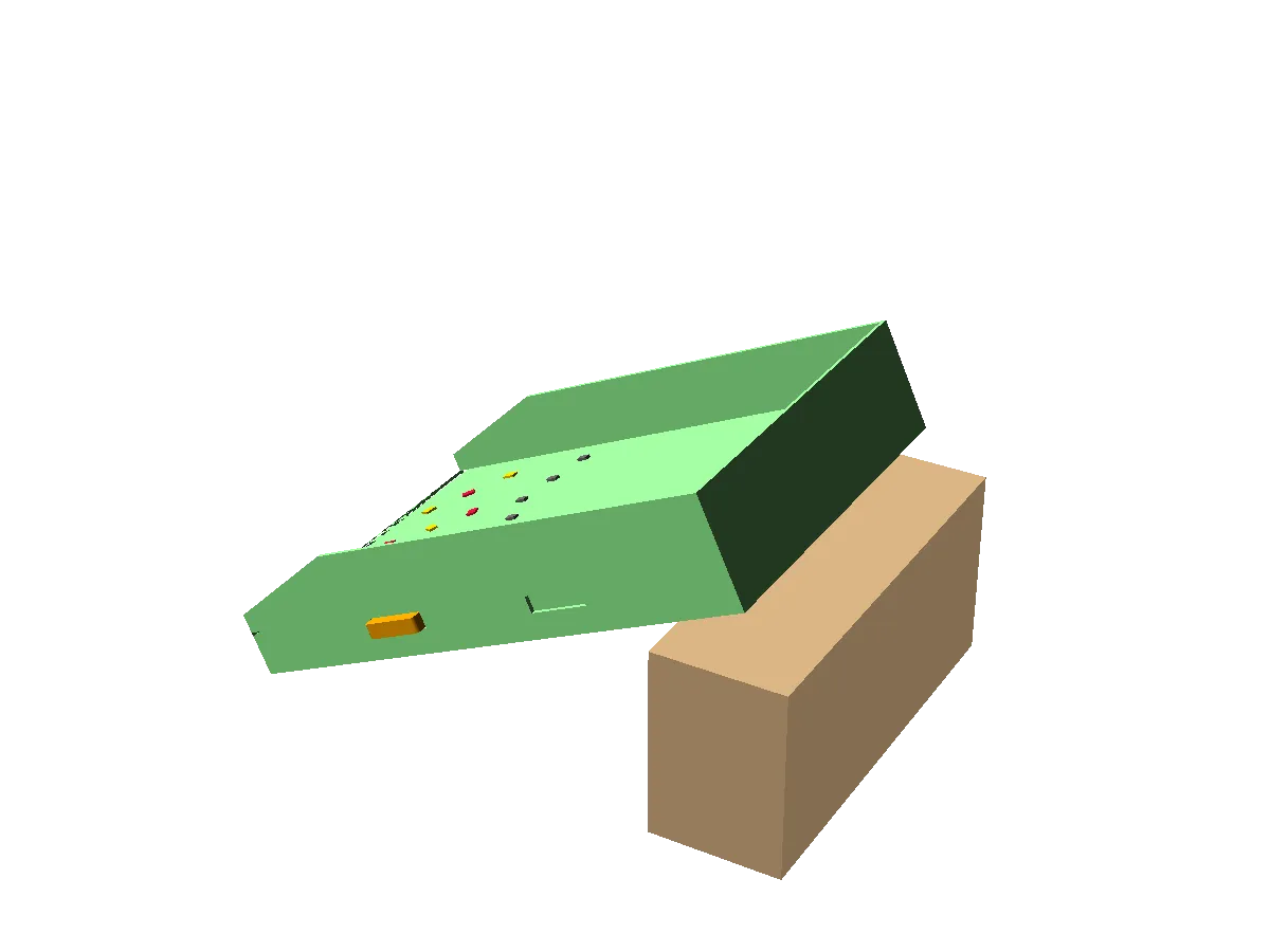 CAD render of a green printed chute tilted on a wooden block, with small metal pieces caught on its floor by a magnet bar slid underneath.