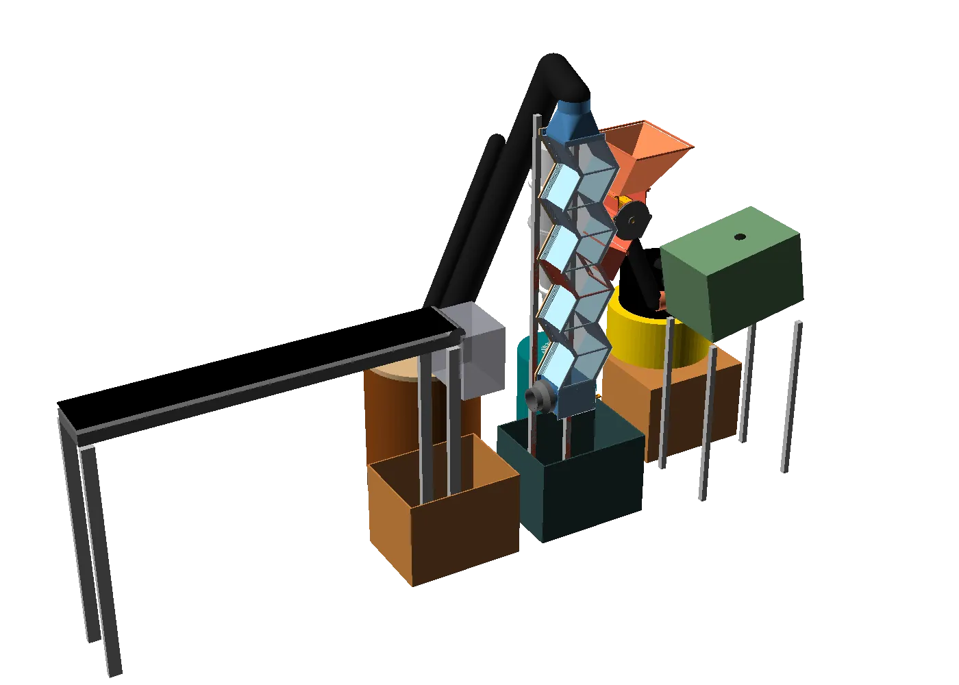 CAD render of the recycling line: a conveyor feeding a tall zig-zag column with clear panels, a hose to a cyclone and a vacuum, and collection bins underneath.