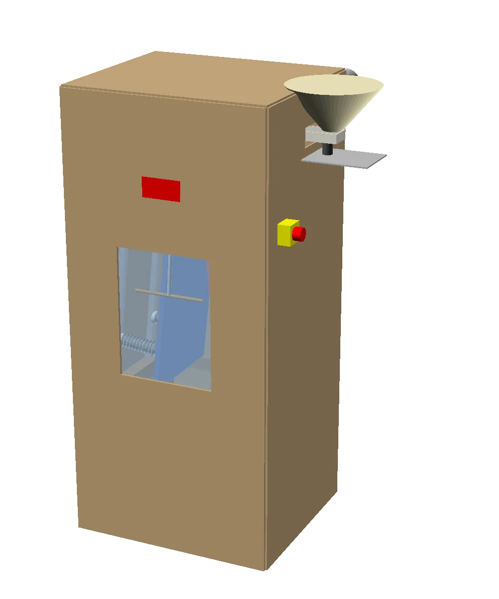 CAD render of a tall plywood-coloured cabinet with a viewing window, a feed funnel on top and a yellow emergency-stop box on the side.